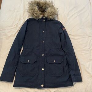 Hollister Dark Blue Parka Jacket with Faux Fur Hood Size XS